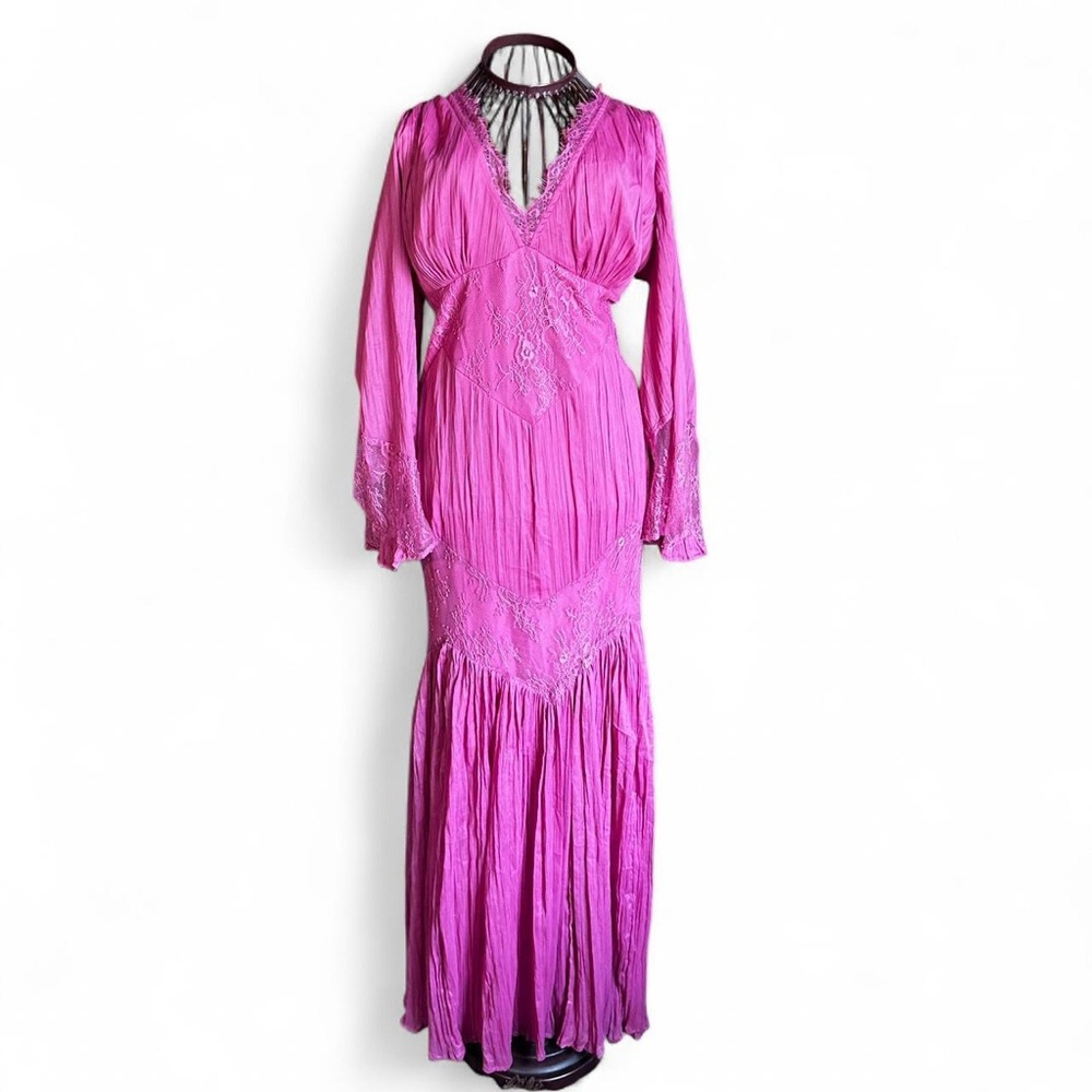 ASOS design long sleeve lace insert crinkle maxi dress in berry women’s US 14